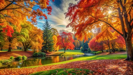  Beautiful autumn landscape with colorful foliage in the park, creating a charming natural background , Autumn, landscape