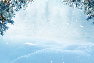 Wall Mural - Merry christmas and happy new year greeting background with copy-space.Beautiful winter landscape with snow covered trees.