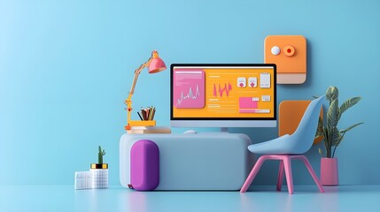 Poster - Modern Office Desk with Computer  Chair  and Plants on Blue Background