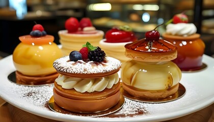 Artisan pastries and decadent desserts displayed in a chic bakery setting, showcasing the craftsmanship of skilled bakers in upscale hospitality.