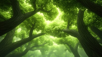 Wall Mural - A view of a forest filled with trees and green grass, AI