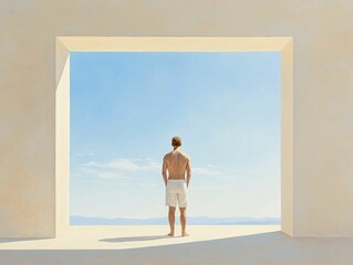 Wall Mural - Contemplative Man Framed in an Open Doorway, Exuding a Sense of Possibility and Reflection in a Natural Light Setting