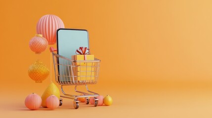 Poster - A shopping cart with a gift box, smartphone, and ornaments on an orange background.