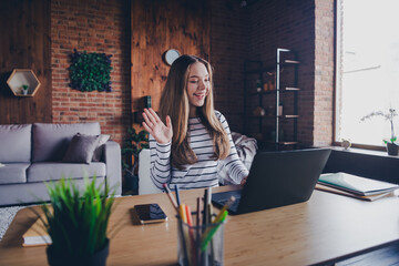 Poster - Portrait of nice young girl arm wave video call laptop wear pullover modern loft interior flat indoors