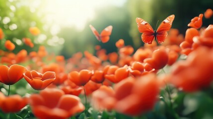 Canvas Print - A bunch of red flowers with a butterfly flying around them, AI