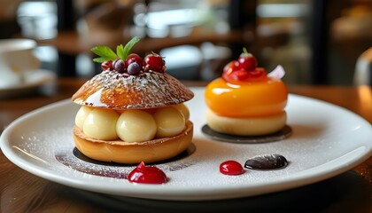 Artisan pastries and decadent desserts displayed in a chic bakery setting, showcasing the craftsmanship of skilled bakers in upscale hospitality.