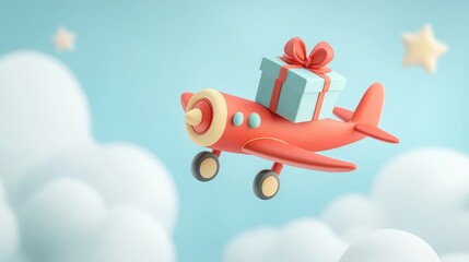 A red toy airplane carries a wrapped gift with a red ribbon in the clouds.