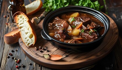 Rustic Flemish Stew: Rich Carbonnade with Beer and Onions in a Black Bowl on a Dark Wooden Table