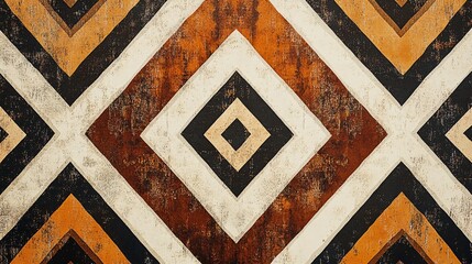 Wall Mural - Abstract geometric pattern with textured, rustic background in brown, orange, black, and white.