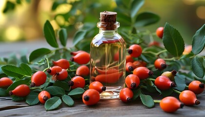 Wall Mural - Rosehip oil surrounded by vibrant rosehip berries and lush green leaves