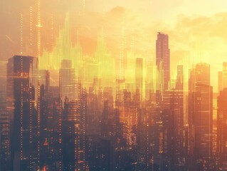 Wall Mural - skyscraper cityscape with giant 3d stock chart overlay golden hour glow