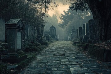 Sticker - Stone Path Through a Foggy Graveyard