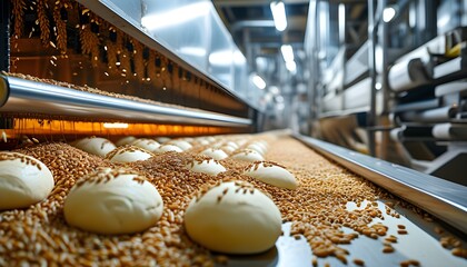 Innovative Bakery Plant with Automated Conveyor System Transforming Fresh Wheat Grain into White Bread Loaves