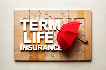 A wooden puzzle piece board with a word text term life insurance message in yellow letters and a red umbrella is placed on the board.