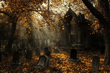 Canvas Print - A Gothic Archway Surrounded by Tombstones in a Cemetery