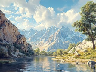 Sticker - Majestic Mountain Range with Serene River