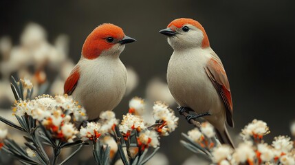 Two Birds Perched on a Branch with White Flowers