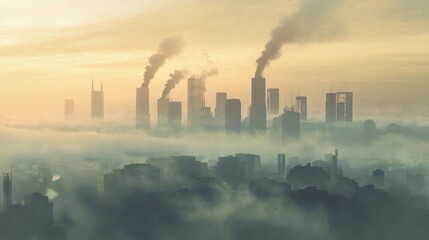 Canvas Print - A smog-filled city skyline with thick air pollution and haze, showing the consequences of global warming and industrial emissions.