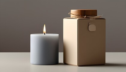 Wall Mural - Minimalistic grey matte candle mockup with wooden lid and box on neutral background