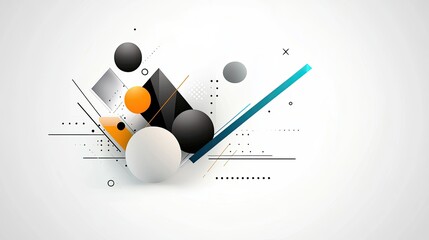 Poster - An abstract arrangement features geometric shapes and circles in black, grey, orange, white, and blue, set on a textured off-white background, evoking retro design aesthetics
