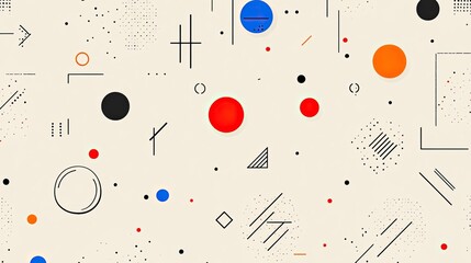 Poster - An abstract arrangement features geometric shapes and circles in black, grey, orange, white, and blue, set on a textured off-white background, evoking retro design aesthetics