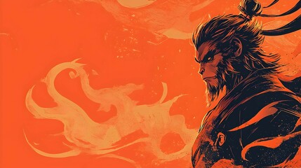 Canvas Print - Monkey King Silhouette in Orange and Black with Abstract Background