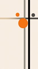 Poster - An abstract arrangement features geometric shapes and circles in black, grey, orange, white, and blue, set on a textured off-white background, evoking retro design aesthetics