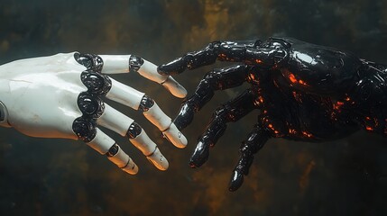 Wall Mural - A white robotic hand reaches out to a black robotic hand, symbolizing the concept of human and artificial intelligence working together.