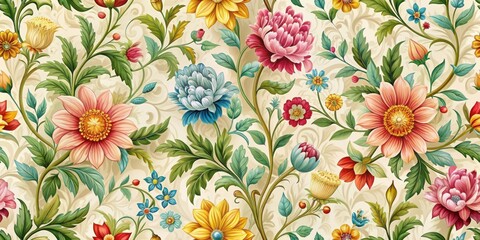 Wall Mural - Seamless floral wallpaper featuring colorful blooms and intricate vines, floral, pattern, wallpaper, seamless, design