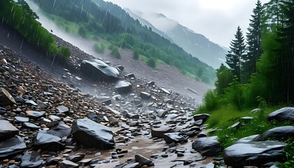 Wall Mural - Majestic Landslide Unfolding with Massive Boulders Cascading Downhill Amidst Rainy Atmosphere