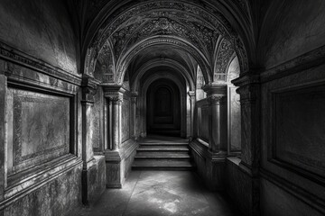 Canvas Print - A Monochromatic View of a Grand, Ornate Corridor with an Arched Entrance