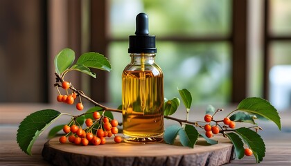 Wall Mural - Witch hazel extract bottle surrounded by twigs and leaves atop a rustic wooden surface