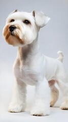 Wall Mural - An adult Sealyham Terrier with a well-groomed coat, standing alert with its ears perked up, set against a light pastel background