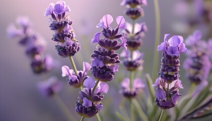 Wall Mural - Delicate close-up of lavender flowers showcasing intricate details against a softly blurred backdrop