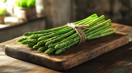 Fresh green asparagus stalks tied with twine on a wooden cutting board.