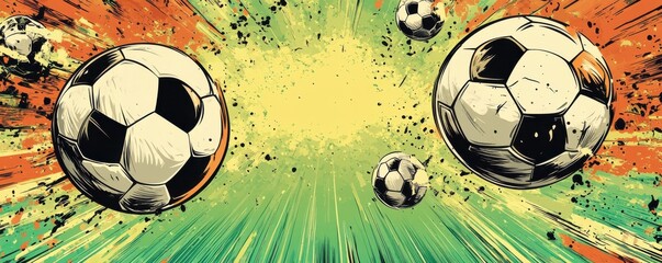 Wall Mural - Dynamic comic book-style soccer background with vibrant energy and multiple soccer balls captured in motion and action