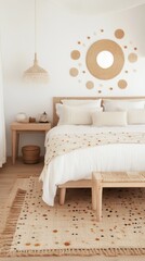 Poster - This cozy bedroom displays a minimalist black and white poster adorned with vibrant shapes, contributing to the modern decor and artistic ambiance of the space