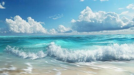 Vibrant ocean waves crashing on a sandy beach under a bright blue sky.