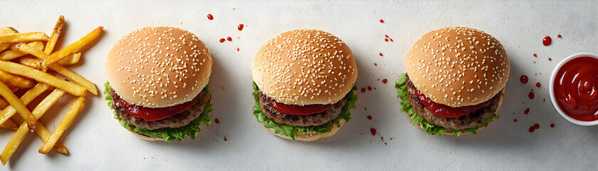 Wall Mural - Three hamburgers with lettuce and tomato on top, and a side of french fries