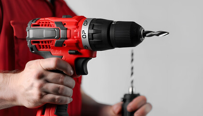 Man holding modern electric power drill on white background, closeup