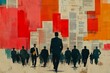 © Kakabe - Abstract depiction of business people walking towards bright red and orange blocks resembling newspaper text, Ideal for illustrating themes related to corporate culture, teamwork, business news