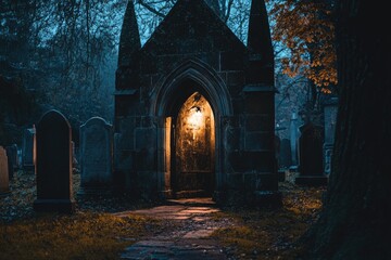 Poster - A Stone Archway Illuminates a Path in a Cemetery at Dusk