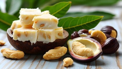 Wall Mural - Creamy raw shea butter chunks surrounded by shea nuts and leaves