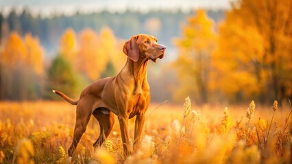 Hungarian hound pointer vizsla dog hunting in a picturesque autumn field