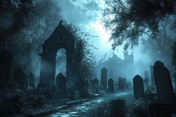 Sticker - A Stone Archway Leading into a Foggy Graveyard at Night