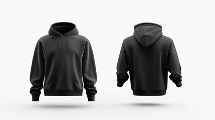 Fototapete - Black hoodie mockup isolated on a white background A 3D rendering of a hooded sweatshirt shown from front and back views Ideal for mens jacket design mockups