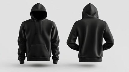 Fototapete - Black hoodie mockup isolated on a white background A 3D rendering of a hooded sweatshirt shown from front and back views Ideal for mens jacket design mockups