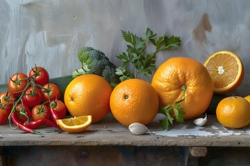 Vibrant Display of Fresh Fruits and Vegetables on a Rustic Table