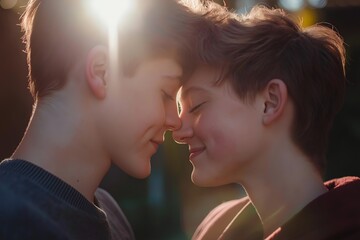 two young men smiling warmly, touching foreheads, in a soft and intimate outdoor scene.