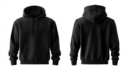 Blank black hoodie with pockets 3D rendering A mockup of a mens hooded jacket displayed from the front and back views Ideal for custom design and print work